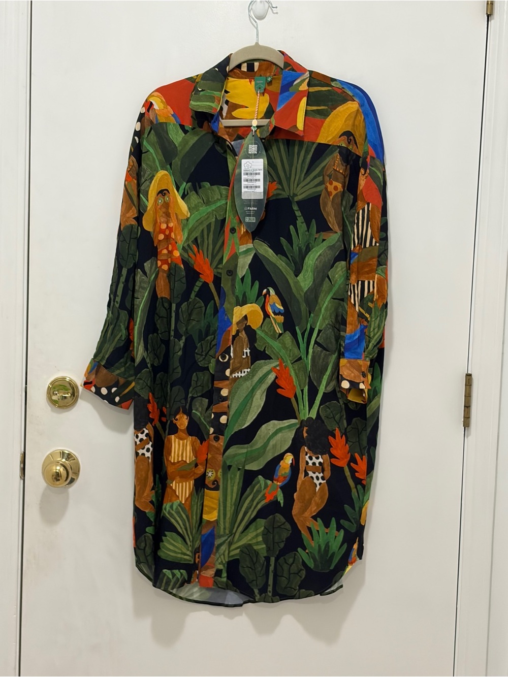 NWT Farm Rio Tropical Print Shirt Dress in Black & Green. Size S